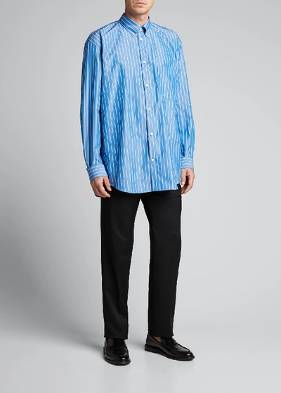 Shop Balenciaga Men's Oversized Pinstripe Poplin Sport Shirt With Logo Back In Blue