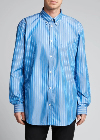 Shop Balenciaga Men's Oversized Pinstripe Poplin Sport Shirt With Logo Back In Blue