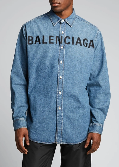 Shop Balenciaga Men's Front Logo Denim Sport Shirt In Blue