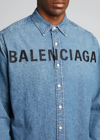 Shop Balenciaga Men's Front Logo Denim Sport Shirt In Blue