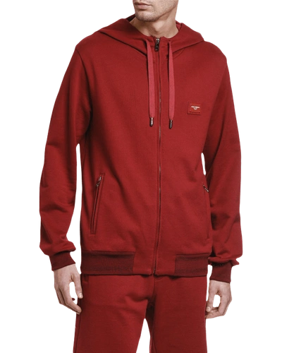 Shop Dolce & Gabbana Men's Logo-tag Zip-front Hoodie In Red