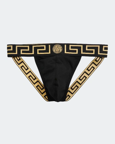 Shop Versace Greek Key Low-rise Jock Strap In Black Pattern