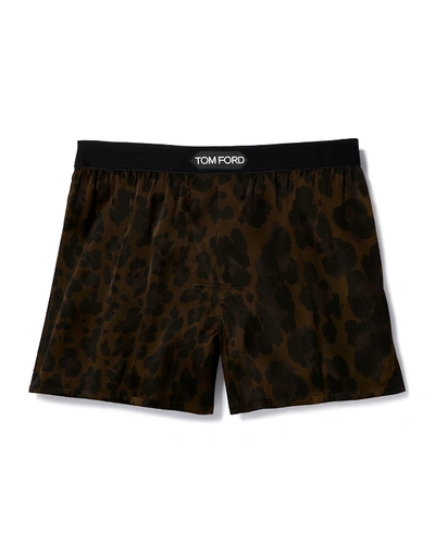 Shop Tom Ford Men's Logo-band Leopard Silk Boxers In Dark Brown