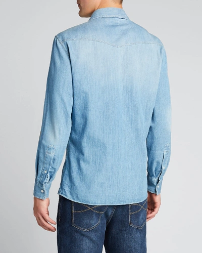 Shop Brunello Cucinelli Men's Dual Front-pocket Western Shirt In Blue