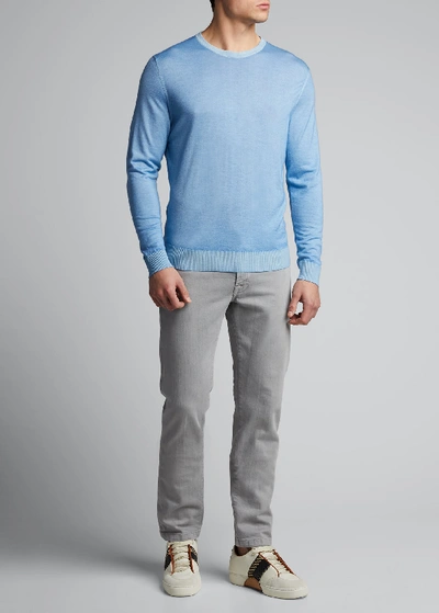 Shop Kiton Men's Washed Cashmere-cotton Sweater In Light Blue