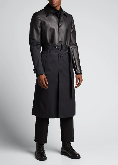 Shop Bottega Veneta Men's Tech Trench Coat W/ Bonded Leather Top In Navy