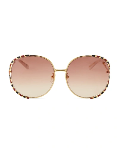 Shop Gucci Striped Enamel Round Sunglasses In Gold