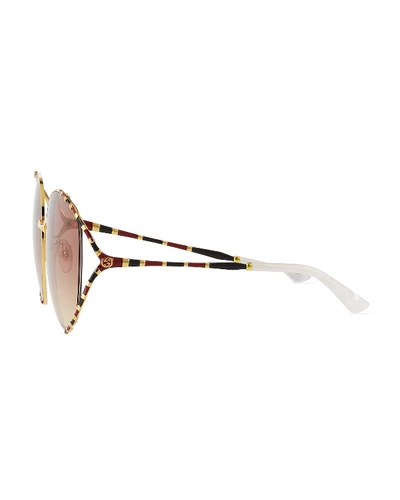 Shop Gucci Striped Enamel Round Sunglasses In Gold