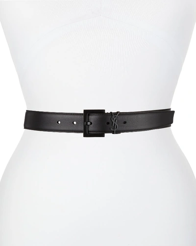 Shop Saint Laurent Tonal Ysl Monogram Leather Belt In Black