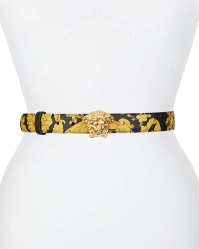 Shop Versace Palazzo Printed Leather Medusa Belt In Black/gold