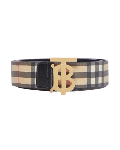 Shop Burberry Tb Vintage Check E-canvas Belt In Beige