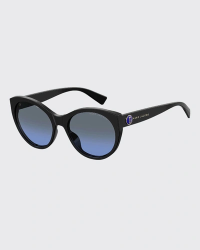 Shop The Marc Jacobs Round Acetate Sunglasses W/ Logo Temples In Black/blue