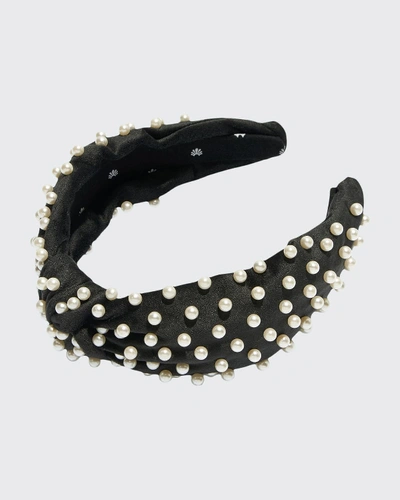 Shop Lele Sadoughi Faux Pearl Beaded Velvet Knotted Headband In Jet