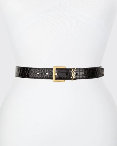 Shop Saint Laurent Golden Ysl Monogram Croc-embossed Leather Belt In Black