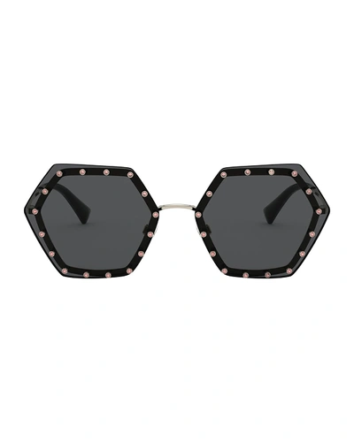 Shop Valentino Crystal Lined Rimless Hexagon Sunglasses In Light Gold/green