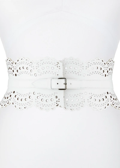 Shop Alaïa Scalloped Leather Corset Belt In White