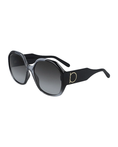 Shop Ferragamo Square Acetate Gancio Sunglasses In Gray Gradient