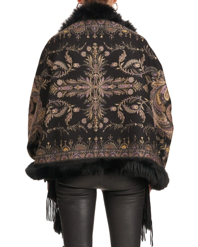 Shop Gorski Paisley Print Cashmere Stole W/ Fox Fur Trim In Black Paisley