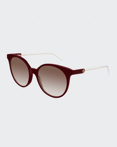 Shop Gucci Round Gradient Sunglasses W/ Transparent Arms In Burgundy