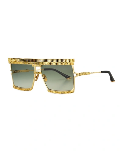 Shop Anna-karin Karlsson The Emperor Square Titanium Sunglasses W/ Baguette Crystal Trim In Gold