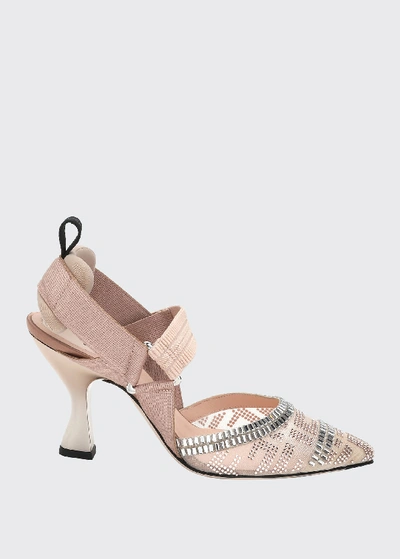 Shop Fendi Colibri 85mm Ff Embellished Slingback Pumps In Beige