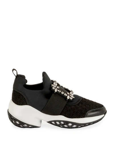 Shop Roger Vivier Viv' Run Stretch Crystal Buckle Sneakers In Black