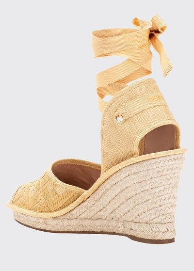 Shop Fendi Ff Logo Ankle-wrap Wedge Espadrilles In Beige