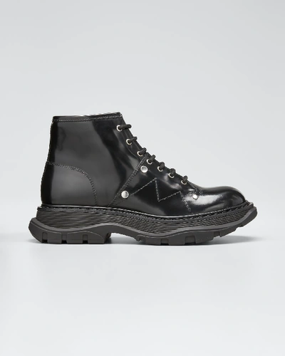 Shop Alexander Mcqueen Tread Patent Leather Lace-up Combat Boots In Black/silver