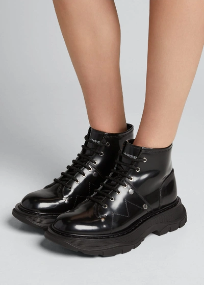 Shop Alexander Mcqueen Tread Patent Leather Lace-up Combat Boots In Black/silver