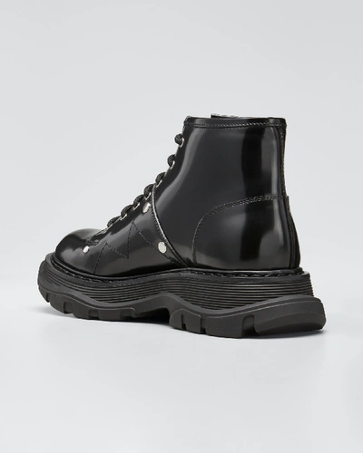 Shop Alexander Mcqueen Tread Patent Leather Lace-up Combat Boots In Black/silver