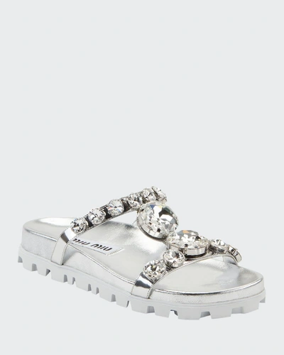 Shop Miu Miu Crystal Metallic Slide Sandals In Silver