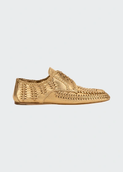 Shop Prada 5mm Woven Metallic Lace Ups In Gold