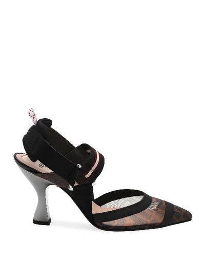 Shop Fendi Colibri 85mm Ff Mesh Slingback High-heel Pumps In Beige