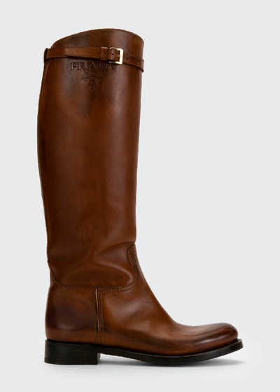 Shop Prada 30mm Tall Leather Riding Boots In Brown