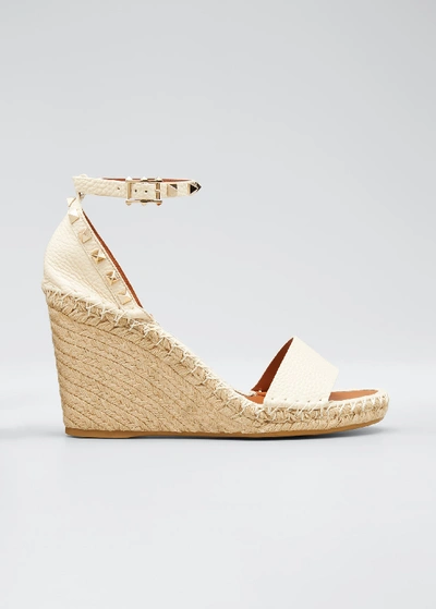 Shop Valentino Rockstud Double Espadrille Wedge Sandals In Light Ivory