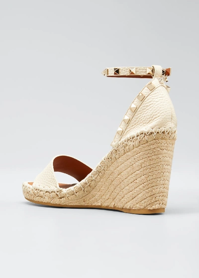Shop Valentino Rockstud Double Espadrille Wedge Sandals In Light Ivory