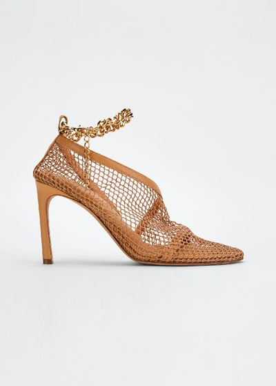 Shop Bottega Veneta 95mm Mesh/leather Pumps With Ankle Chain In Neutral Pattern
