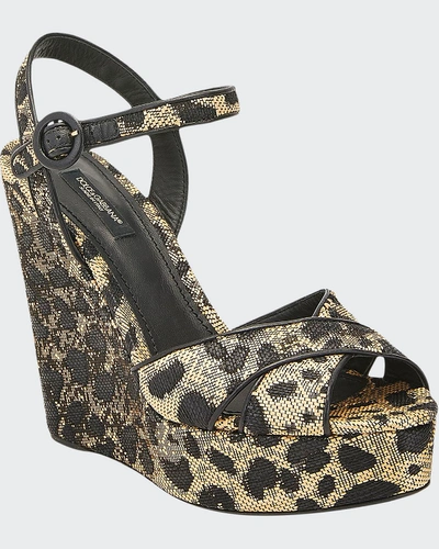 Shop Dolce & Gabbana 90mm Leopard-print Wedge Platform Sandals In Beige
