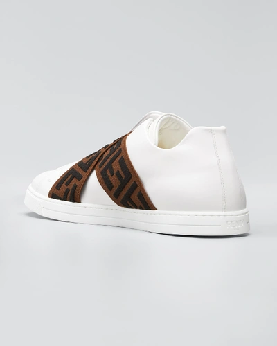 Shop Fendi Men's Laceless Leather Ff-strap Sneakers In White