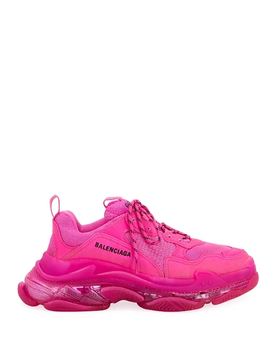 Shop Balenciaga Men's Triple S Neon Clear-sole Sneakers In Pink