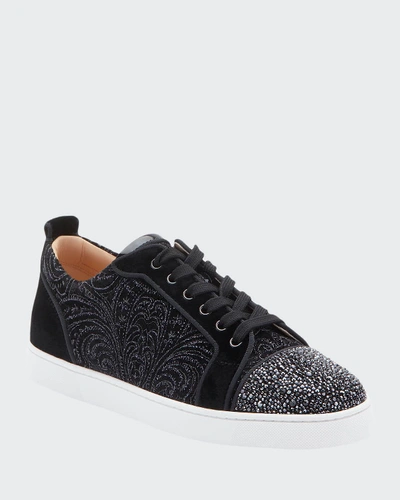 Shop Christian Louboutin Men's Louis Junior Jeweled-velour Low-top Sneakers In Black