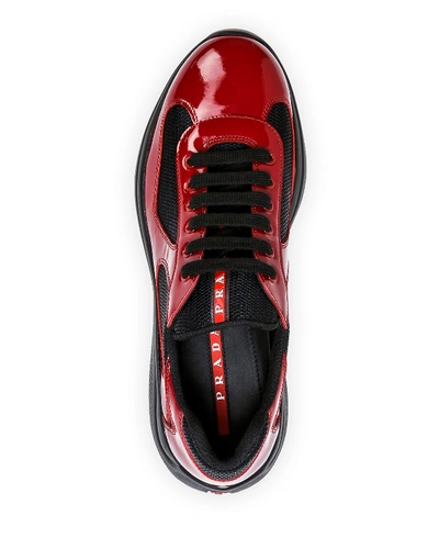 Shop Prada Men's America's Cup Patent Leather Patchwork Sneakers In Scarlatto Nero