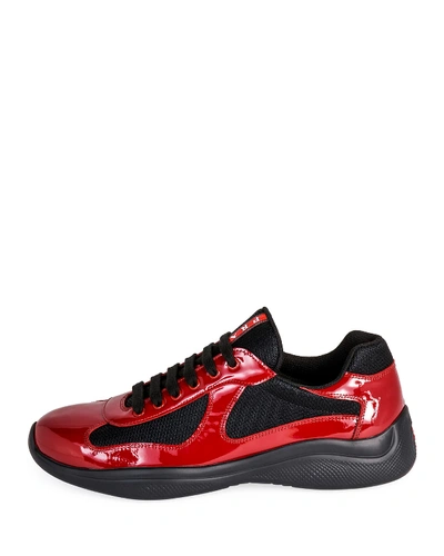 Shop Prada Men's America's Cup Patent Leather Patchwork Sneakers In Scarlatto Nero