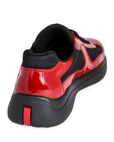 Shop Prada Men's America's Cup Patent Leather Patchwork Sneakers In Scarlatto Nero