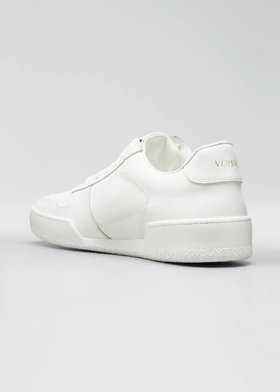 Shop Versace Men's Retro Logo Leather Sneakers In White