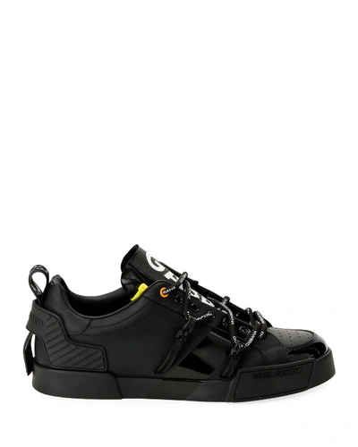 Shop Dolce & Gabbana Men's Portofino Leather Logo Sneakers In Black/white