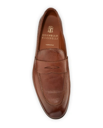 Shop Brunello Cucinelli Men's Leather Penny Loafers In Brown