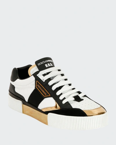 Shop Dolce & Gabbana Men's Millennials Star Dna Leather Sneakers W/ Metallic Trim In White/gold