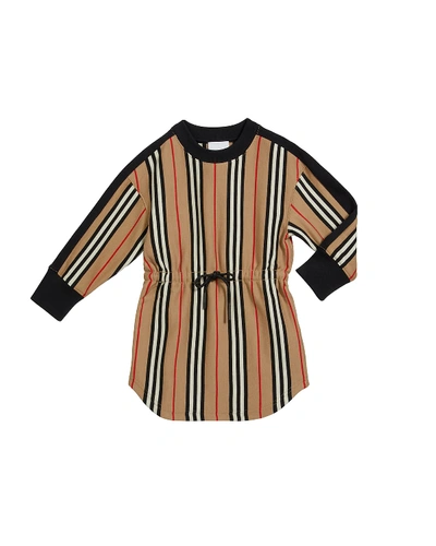 Shop Burberry Girl's Arielle Icon Stripe Tie Waist Dress In Beige