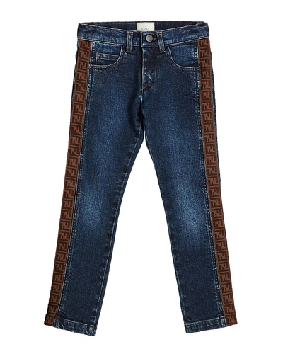 Shop Fendi Girl's Denim Jeans W/ Logo Tape Sides In Blue